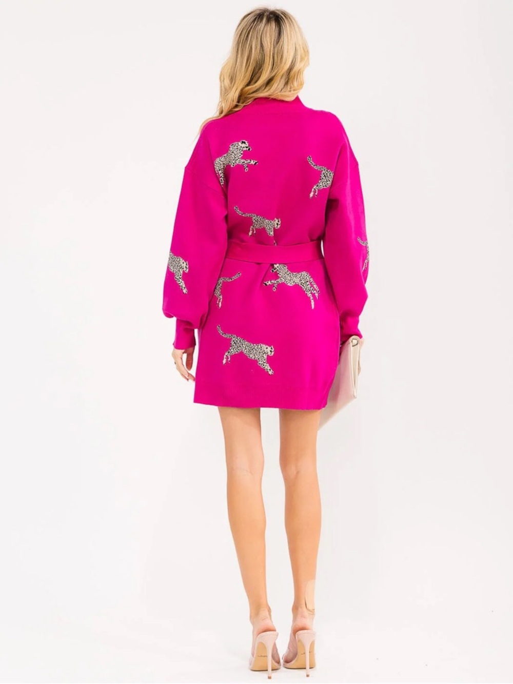 Blogger favorite Pink Leopard Print Dress wBelt Long Sleeve Knit Chic Cozy Style - Picture 3 of 4
